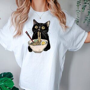 Black Cat Eating Ramen T-shirt